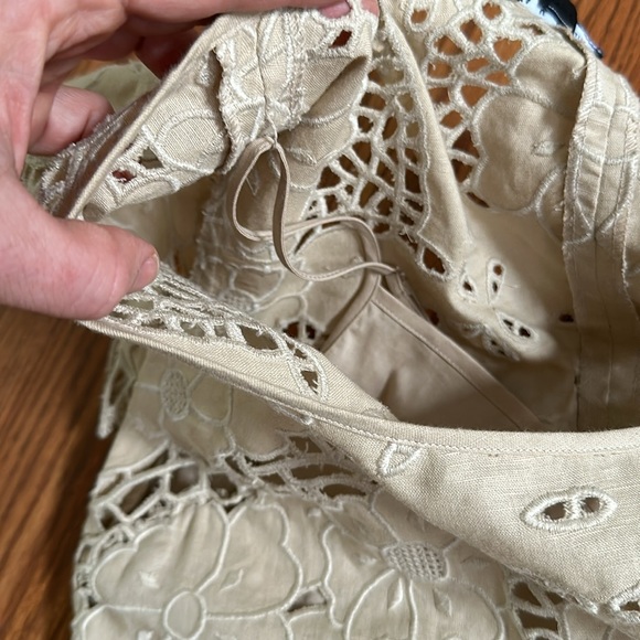 LAUNDRY Linen Embroidered Eyelet Short Sleeve Cutout Lace Mini Dress Beige 4 - Picture 6 of 9
